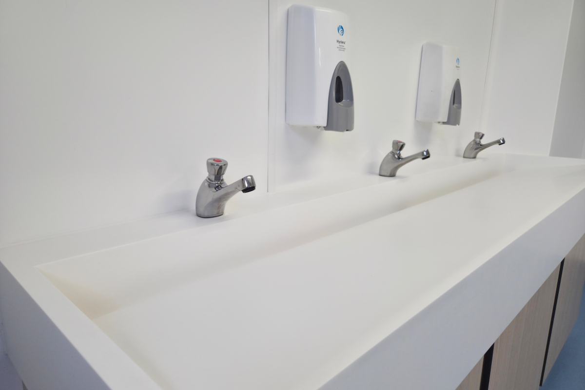 Southfield Primary 1 Washtrough and push taps for primary school washroom design